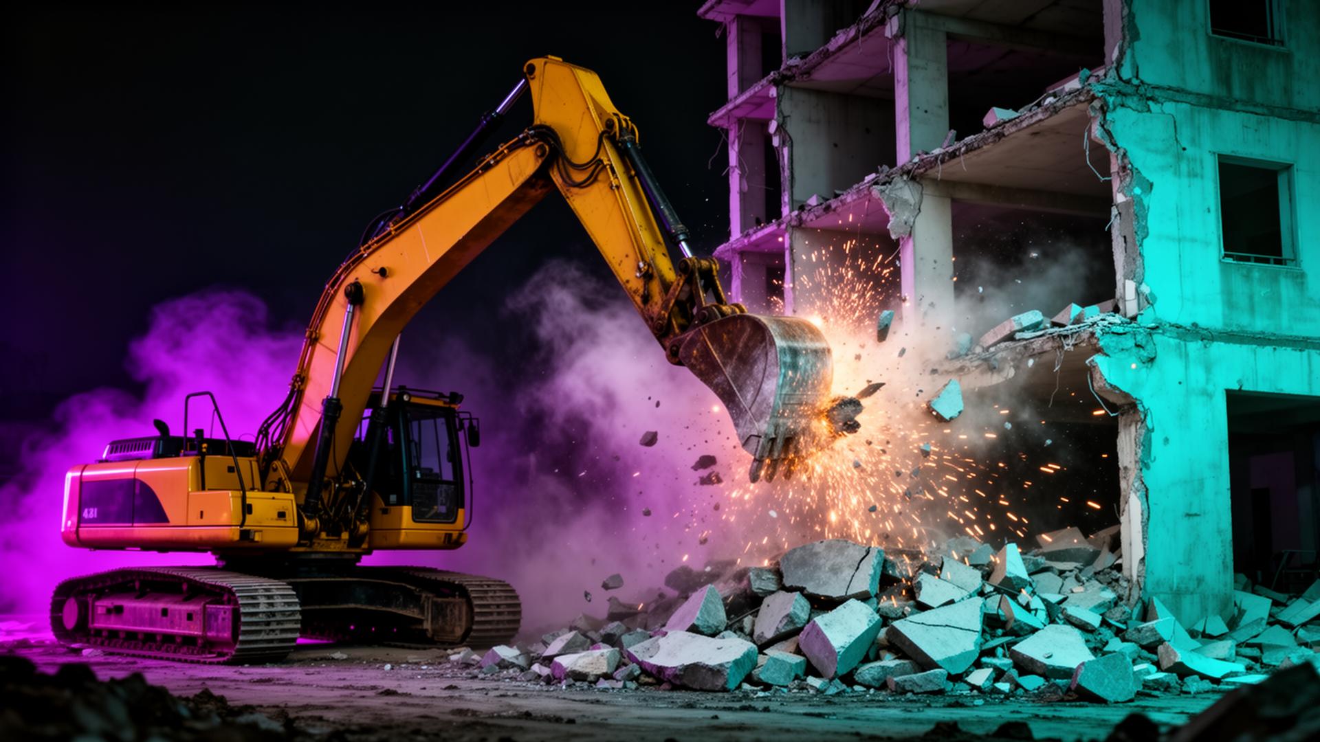 Excavator demolishing structure